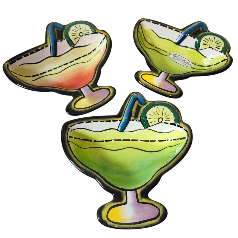 Set of 3 Clay Art Hand-Painted Margarita Glass Shaped Dipping Salsa Bowls‎ Party